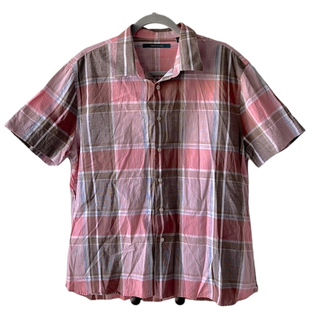 Perry Ellis Plaid Men's Short Sleeve Shirt | Salmon & Brown | XL